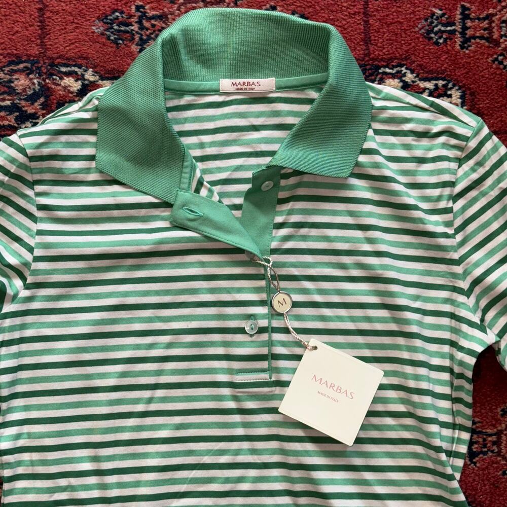 MARBAS NWT Made in‎ Italy Women's S Green Stripe 3/4 Sleeve Polo Shirt - Picture 2 of 5